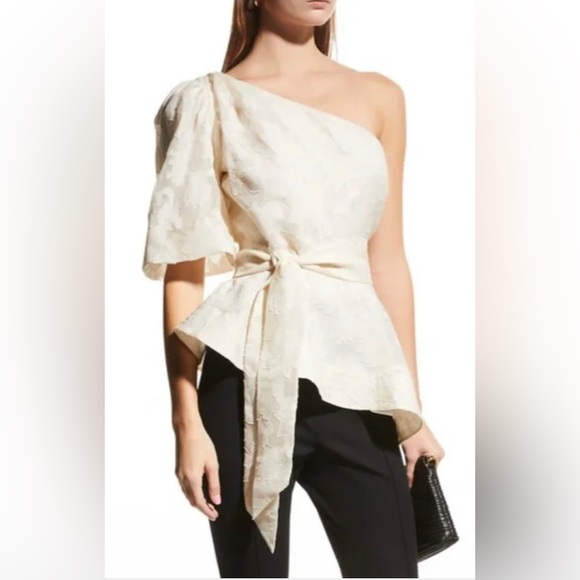 Veronica Beard Fete One-Shoulder Coupé Silk Top, Ecru, 4 - Picture 1 of 13